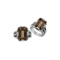 Sterling silver Smokey Quartz emerald cut statement ring with handcrafted Balinese detailing