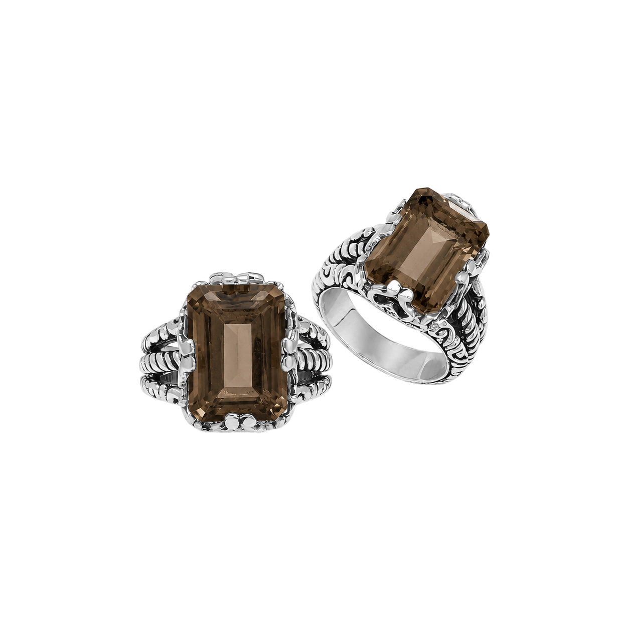 Sterling silver Smokey Quartz emerald cut statement ring with handcrafted Balinese detailing