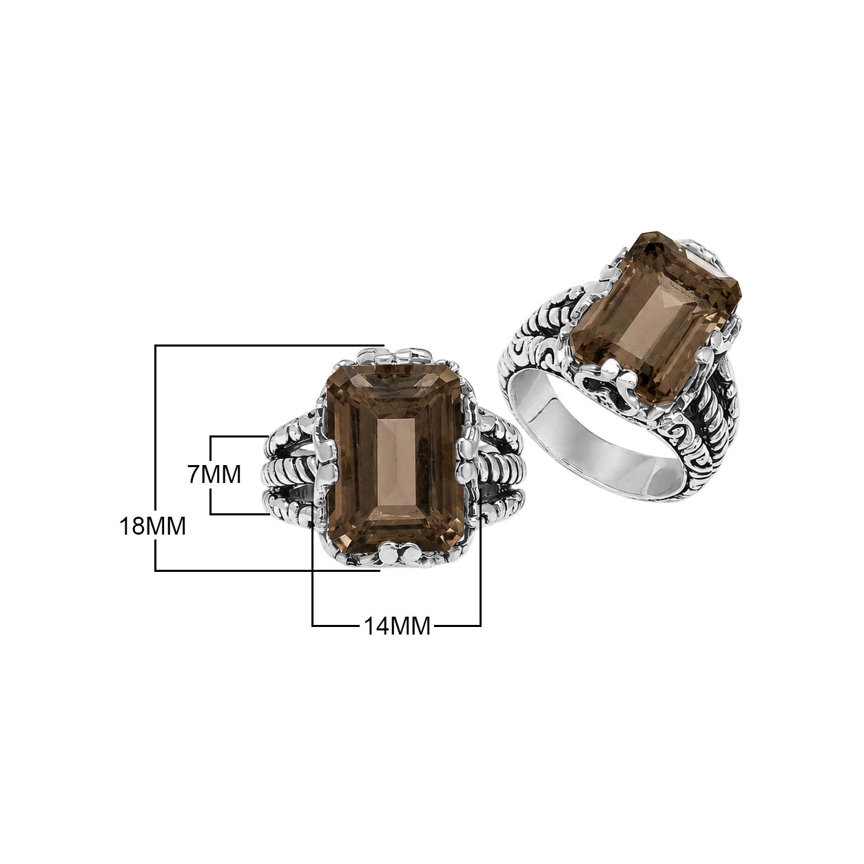 Sterling silver Smokey Quartz emerald cut statement ring with handcrafted Balinese detailing
