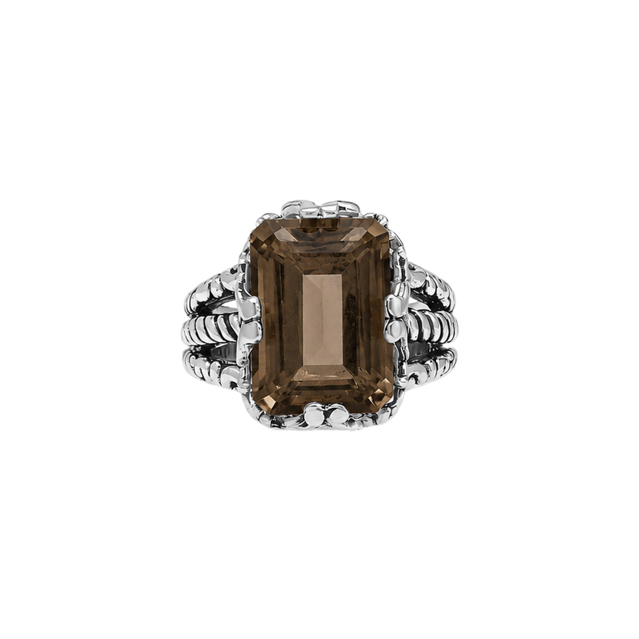 Sterling silver Smokey Quartz emerald cut statement ring with handcrafted Balinese detailing