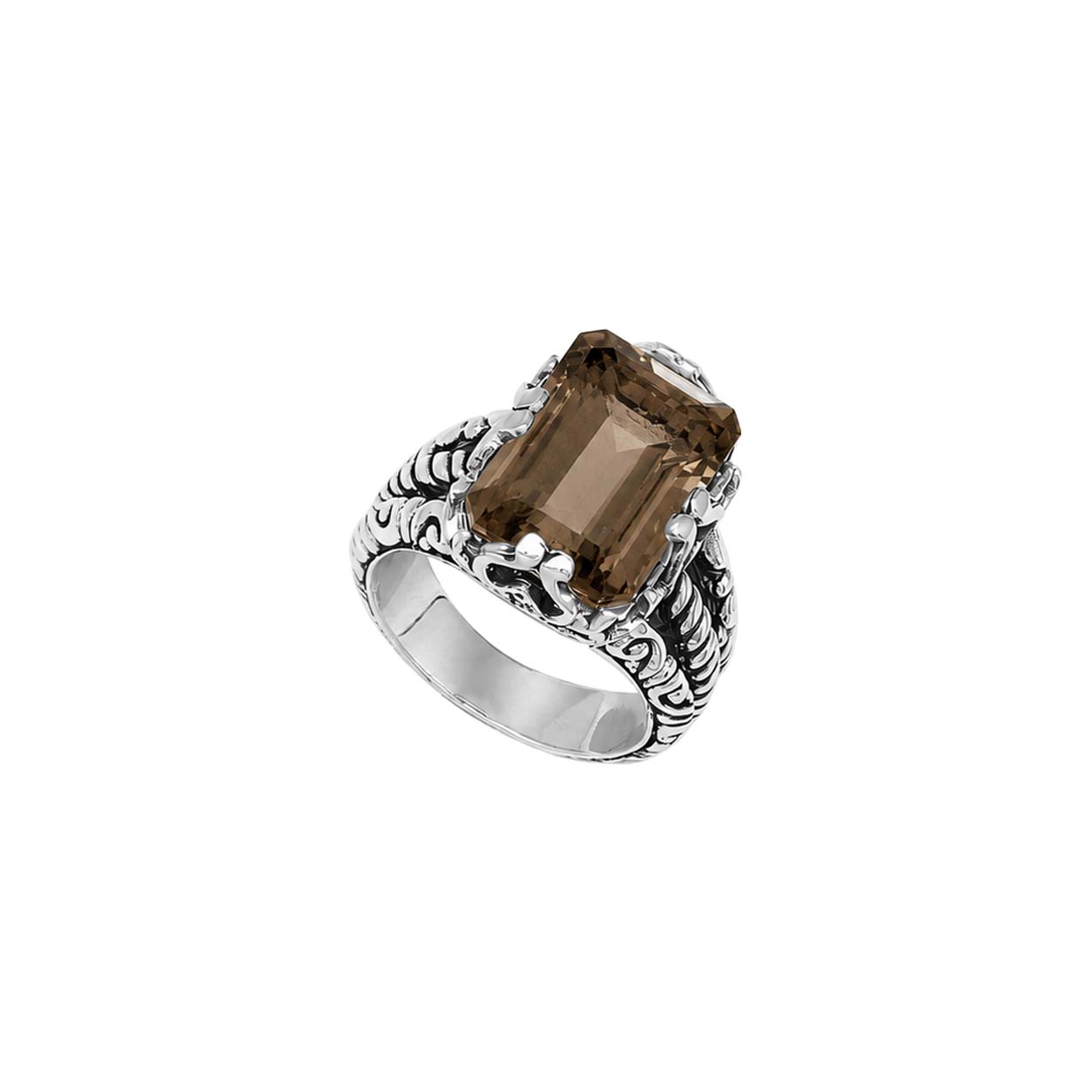 Sterling silver Smokey Quartz emerald cut statement ring with handcrafted Balinese detailing