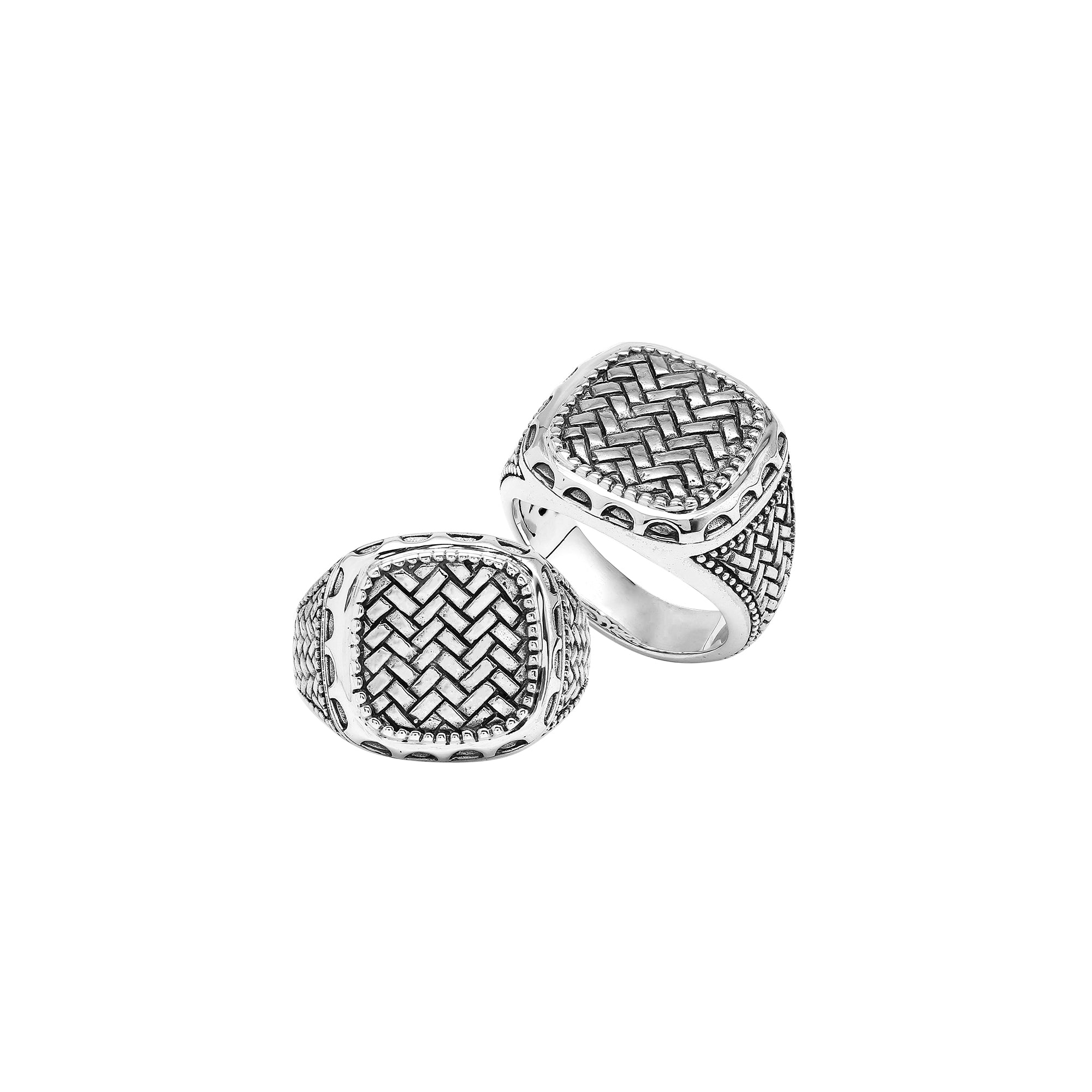 Wholesale sterling silver men’s ring with bold square-top woven texture, handcrafted Bali artisan jewelry in bulk.