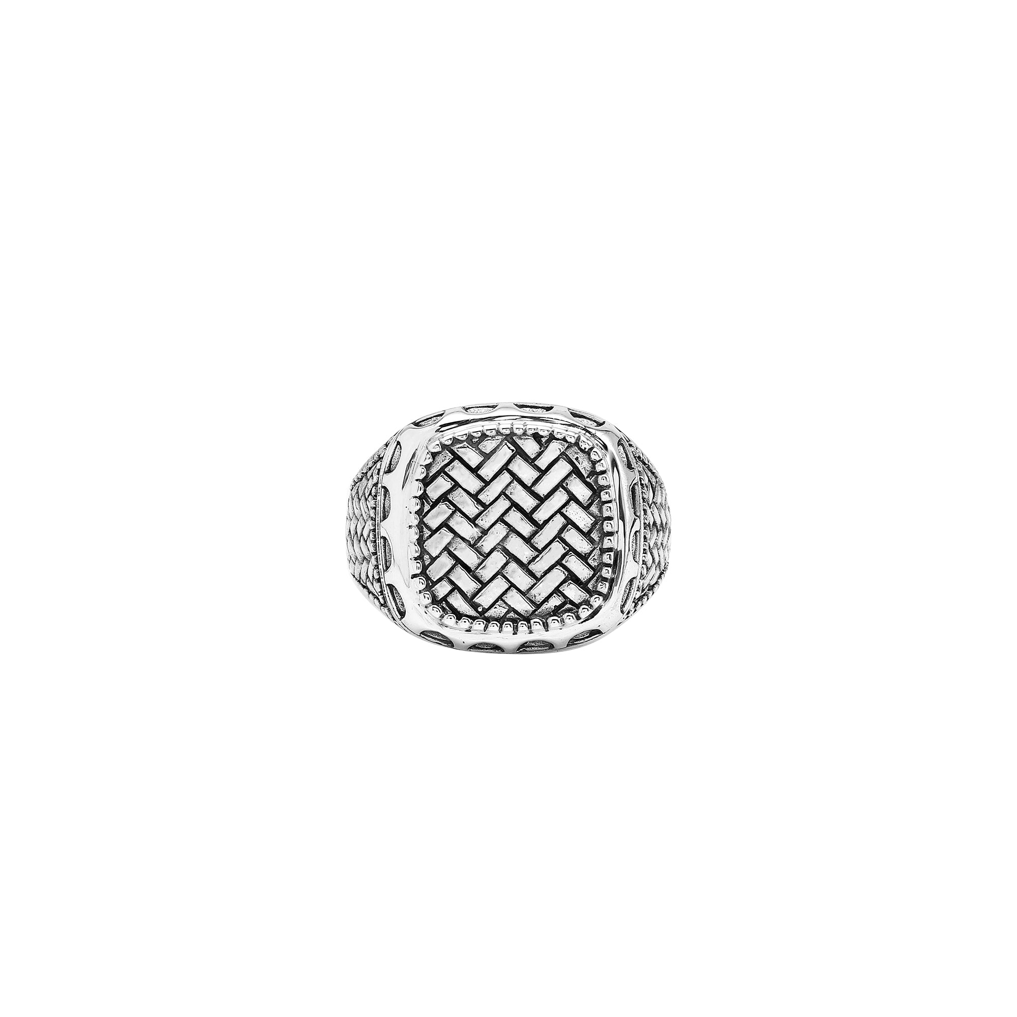 Wholesale sterling silver men’s ring with bold square-top woven texture, handcrafted Bali artisan jewelry in bulk.