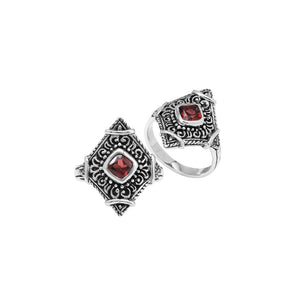 Sterling silver Garnet Quartz statement ring with diamond-shaped Balinese filigree design
