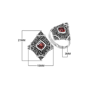 Sterling silver Garnet Quartz statement ring with diamond-shaped Balinese filigree design