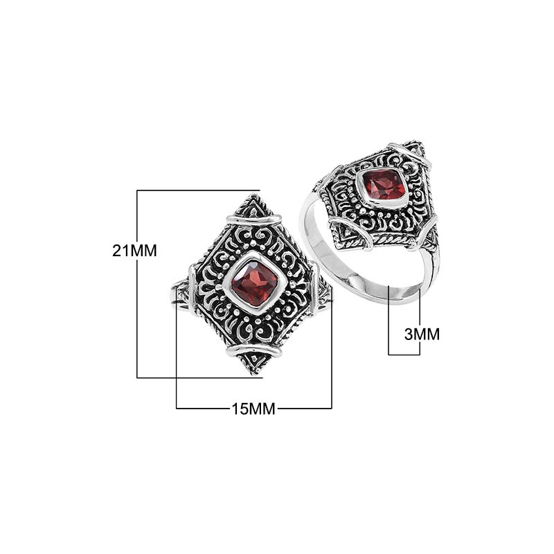 Sterling silver Garnet Quartz statement ring with diamond-shaped Balinese filigree design