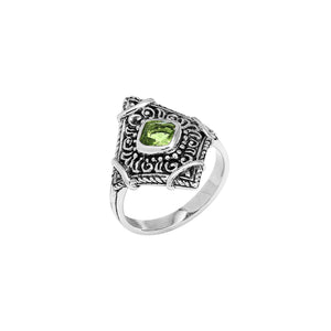 Sterling silver Peridot Quartz statement ring with ornate Balinese filigree design