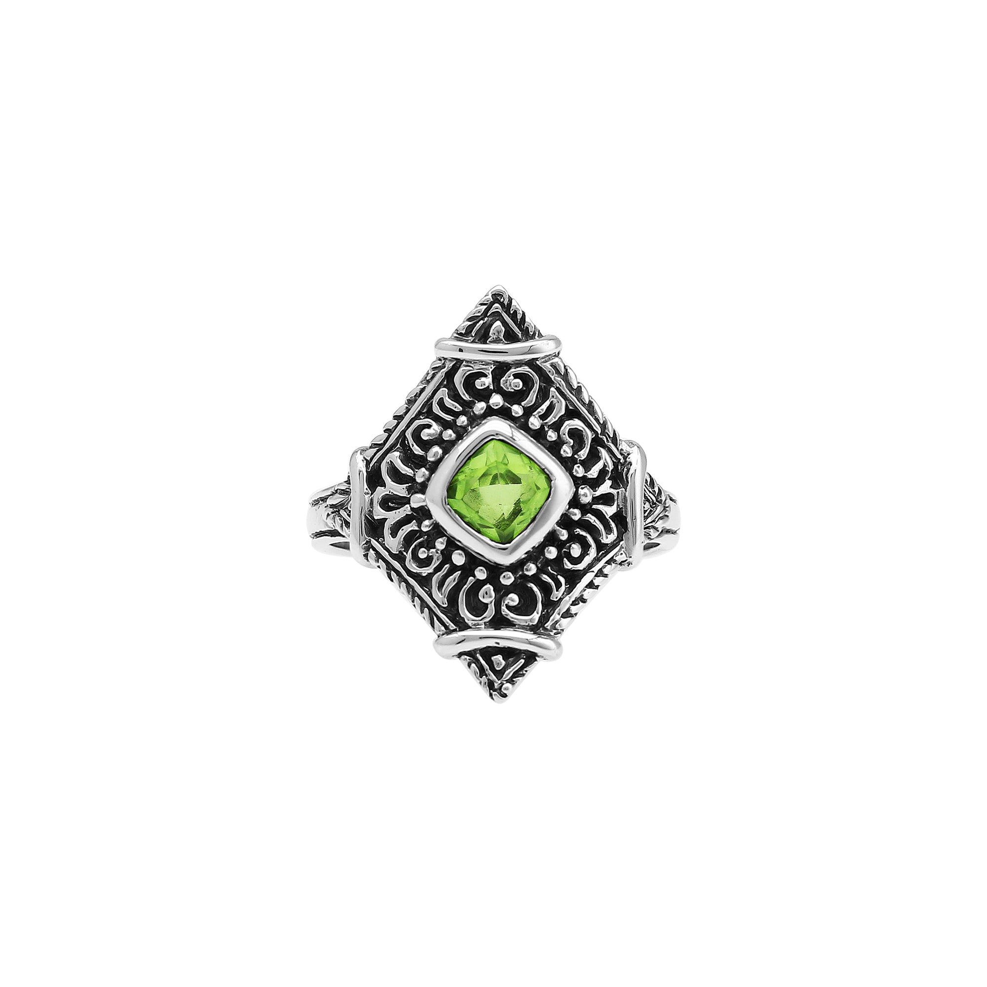 Sterling silver Peridot Quartz statement ring with ornate Balinese filigree design