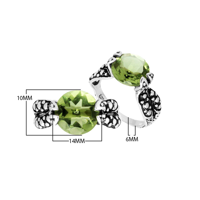 Sterling Silver Green Amethyst Quartz Round Balinese Engraved Luxury Statement Ring With Polished Finish.