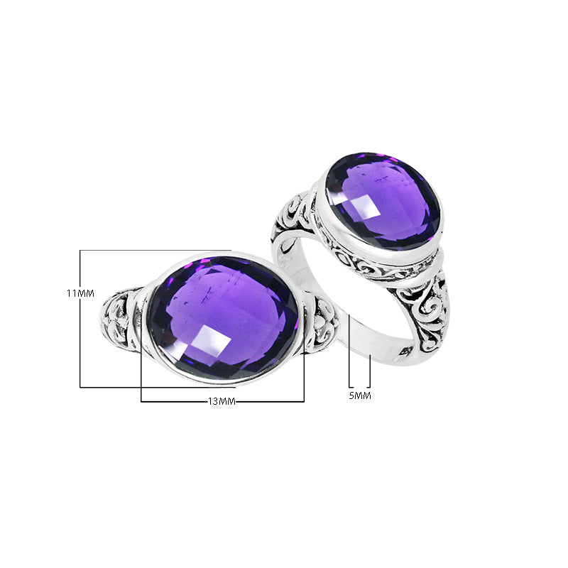 Sterling Silver Amethyst Quartz Oval Balinese Scrollwork Luxury Statement Ring With Polished Finish.