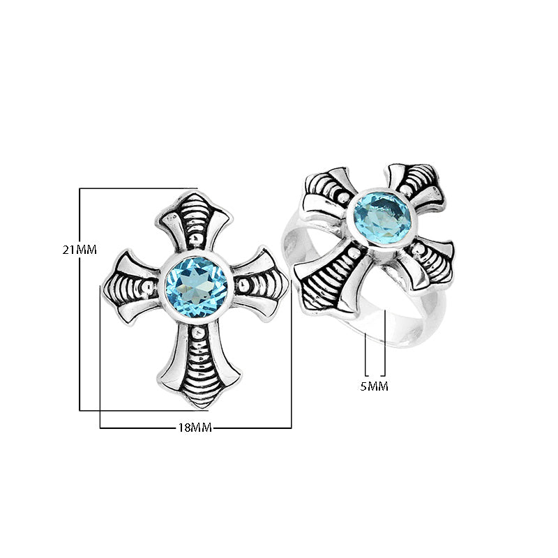 Sterling Silver Blue Topaz Quartz Cross Motif Balinese Engraved Luxury Statement Ring With Polished Finish.