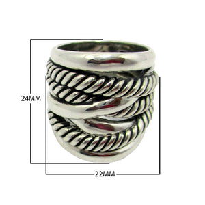 Sterling Silver Twisted Rope Texture Wide Band Balinese Luxury Statement Ring With Polished Finish.