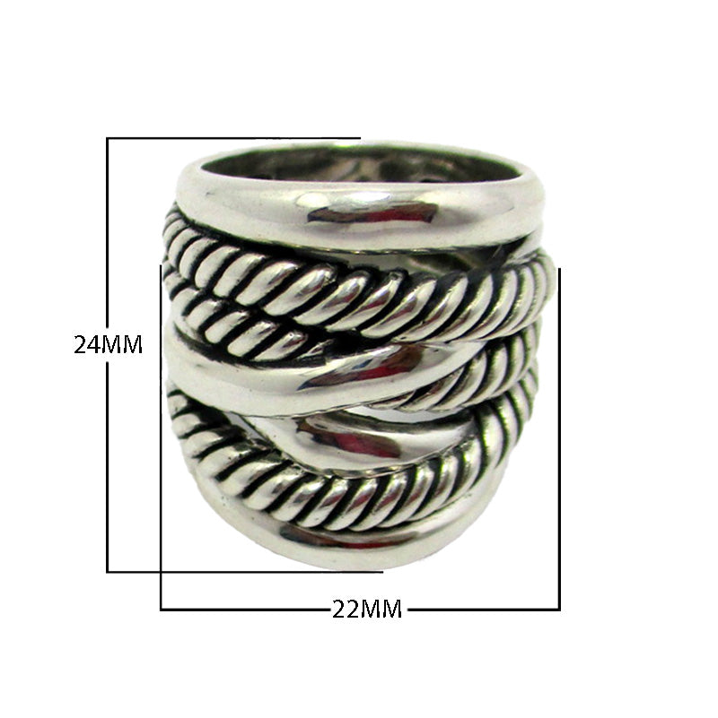 Sterling Silver Twisted Rope Texture Wide Band Balinese Luxury Statement Ring With Polished Finish.