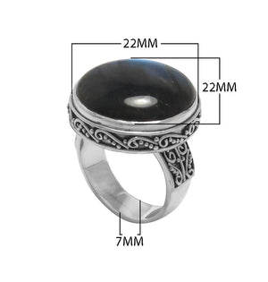 Sterling Silver Labradorite Round Statement Ring With Balinese Scrollwork Design For Wholesale Buyers.