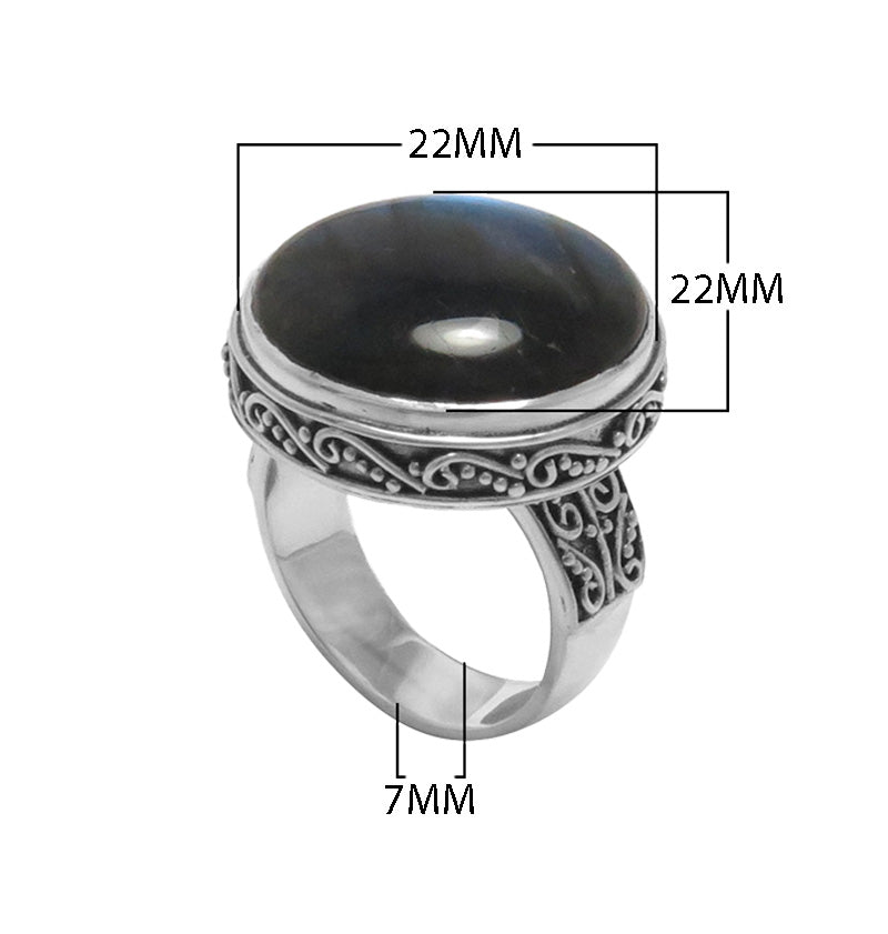 Sterling Silver Labradorite Round Statement Ring With Balinese Scrollwork Design For Wholesale Buyers.
