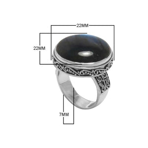 Sterling Silver Labradorite Round Statement Ring With Balinese Scrollwork Design For Wholesale Buyers.