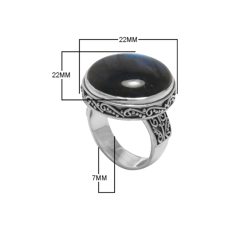 Sterling Silver Labradorite Round Statement Ring With Balinese Scrollwork Design For Wholesale Buyers.