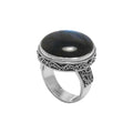 Sterling Silver Labradorite Round Statement Ring With Balinese Scrollwork Design For Wholesale Buyers.