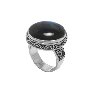 Sterling Silver Labradorite Round Statement Ring With Balinese Scrollwork Design For Wholesale Buyers.