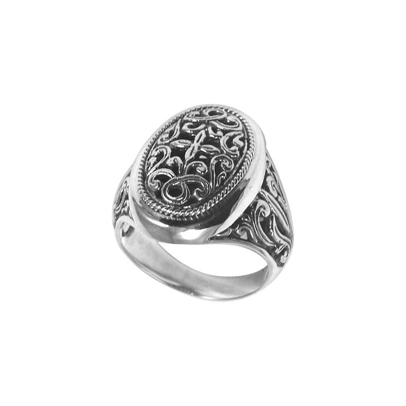 Wholesale Silver Overlay Over Copper Oval Carved Balinese Ring With Ornate Detailing.