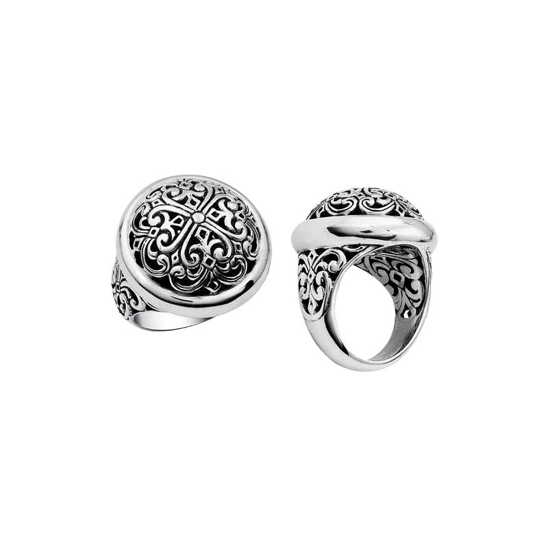 Wholesale Silver Overlay Over Copper Round Carved Dome Ring With Balinese Details.