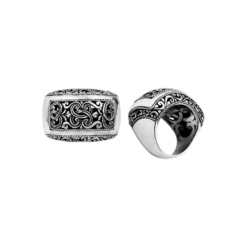 Wholesale Silver Overlay Over Copper Wide Carved Scrollwork Balinese Ring.