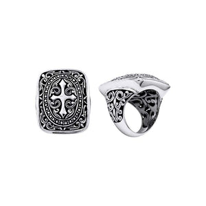 Silver Overlay Over Copper Rectangular Cross Carved Balinese Wholesale Ring.