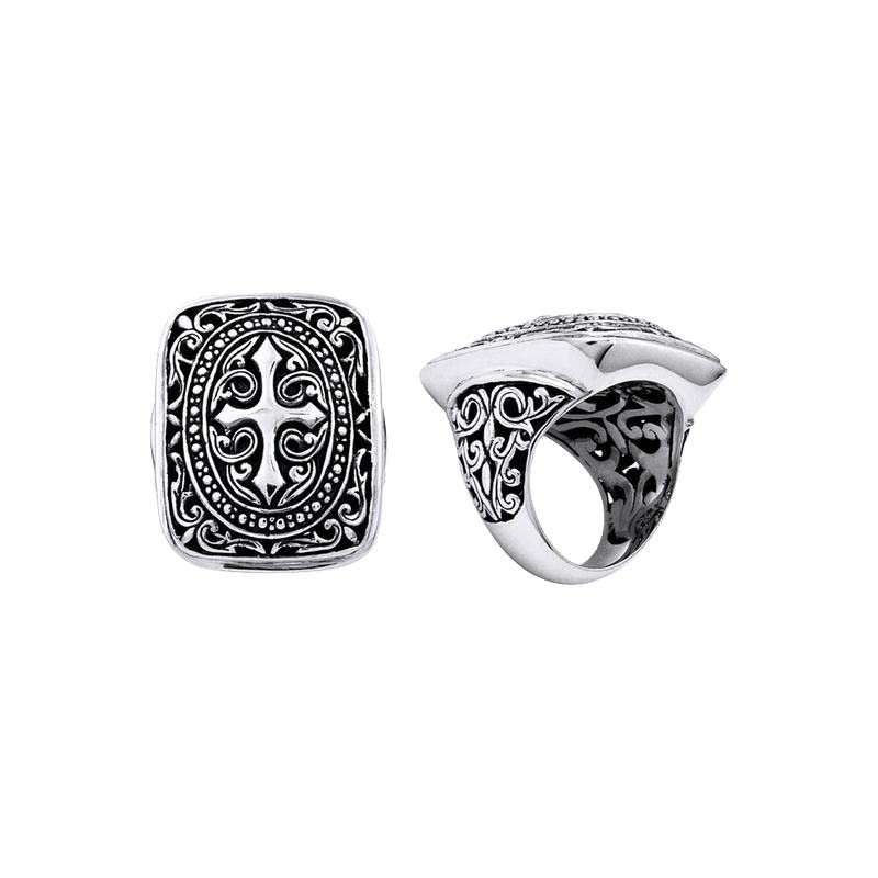 Silver Overlay Over Copper Rectangular Cross Carved Balinese Wholesale Ring.