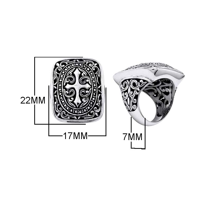 Silver Overlay Over Copper Rectangular Cross Carved Balinese Wholesale Ring.