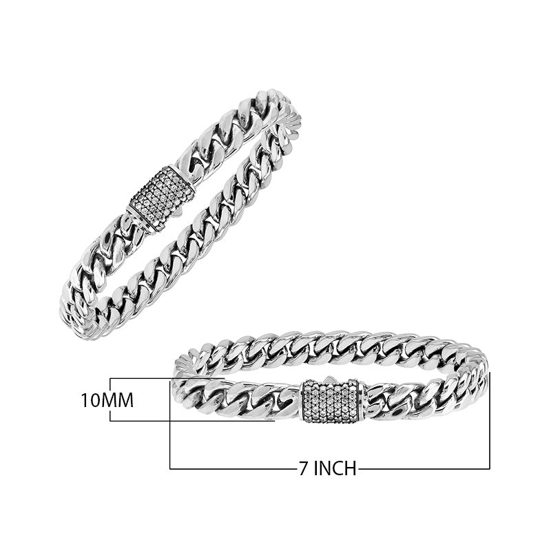 A finely crafted 925 sterling silver chain link bracelet featuring a Cubic Zirconia paved centerpiece with a polished finish and intricate interlocking chain design.
