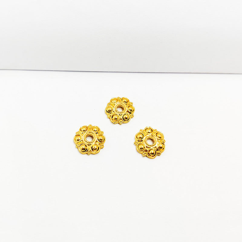 18K Gold Overlay Over Copper ornamental floral bead cap with raised dome detailing, handcrafted jewelry component from India.