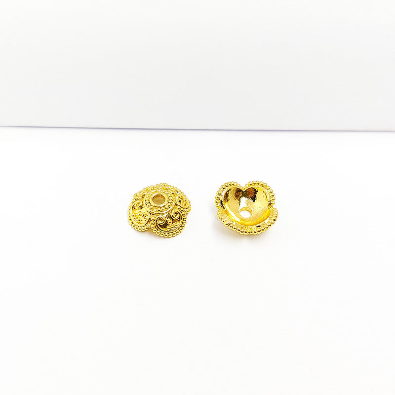 18K Gold Overlay Over Copper scroll vine pattern bead cap with beaded border and center hole, handcrafted jewelry component from India.