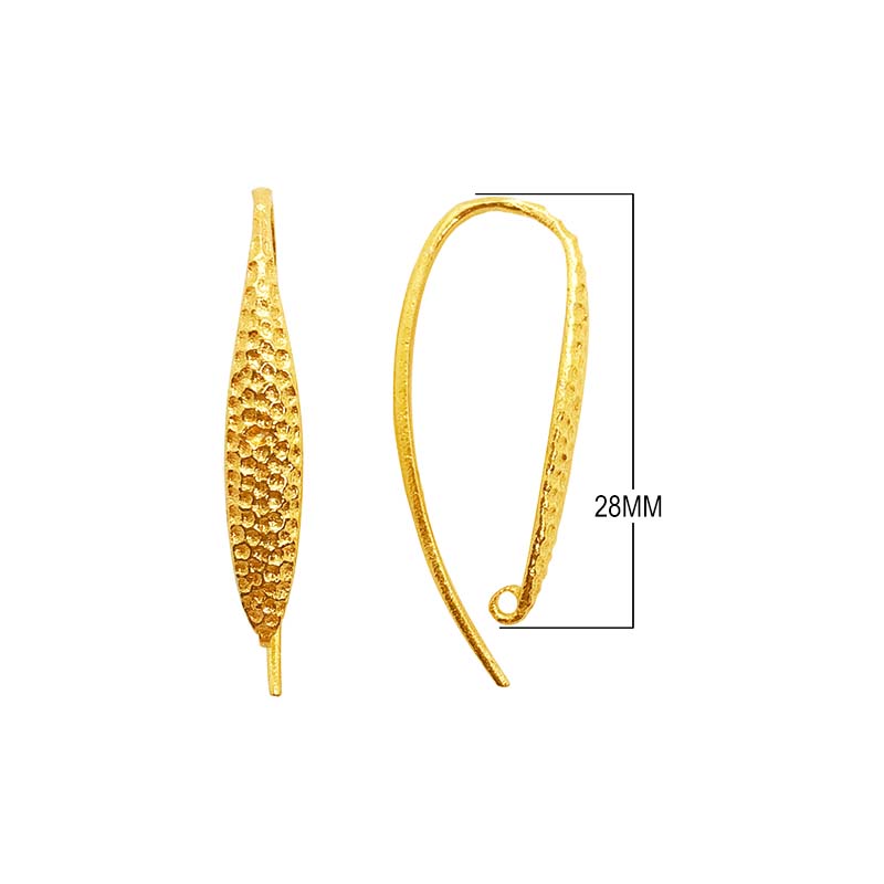 18K Gold Overlay Hammered Long Hook Earwire Component Handcrafted In India With Polished Golden Finish
