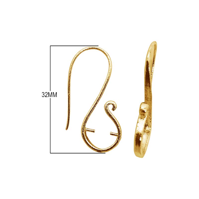 18K Gold Overlay Designer S-Hook Earwire Component Handcrafted In India With Polished Golden Finish