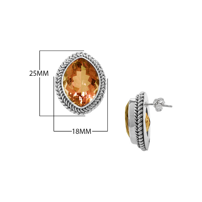 Sterling Silver Stud Earrings With Citrine Quartz Oval Stone And Rope Frame