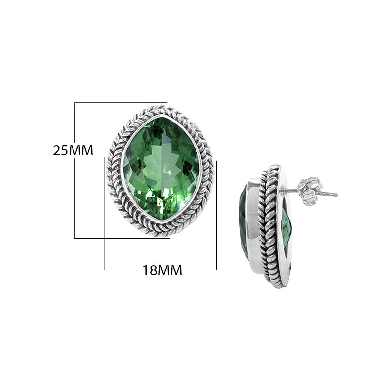 Sterling Silver Stud Earrings With Green Quartz Oval Stone And Rope Frame