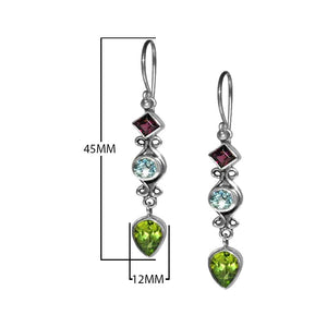 Sterling Silver Dangle Earrings With Garnet Quartz Blue Topaz Quartz And Green Quartz Stones