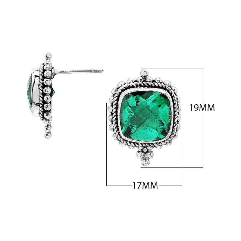 Sterling silver cushion stud earrings with faceted green quartz, handcrafted Bali wholesale jewelry