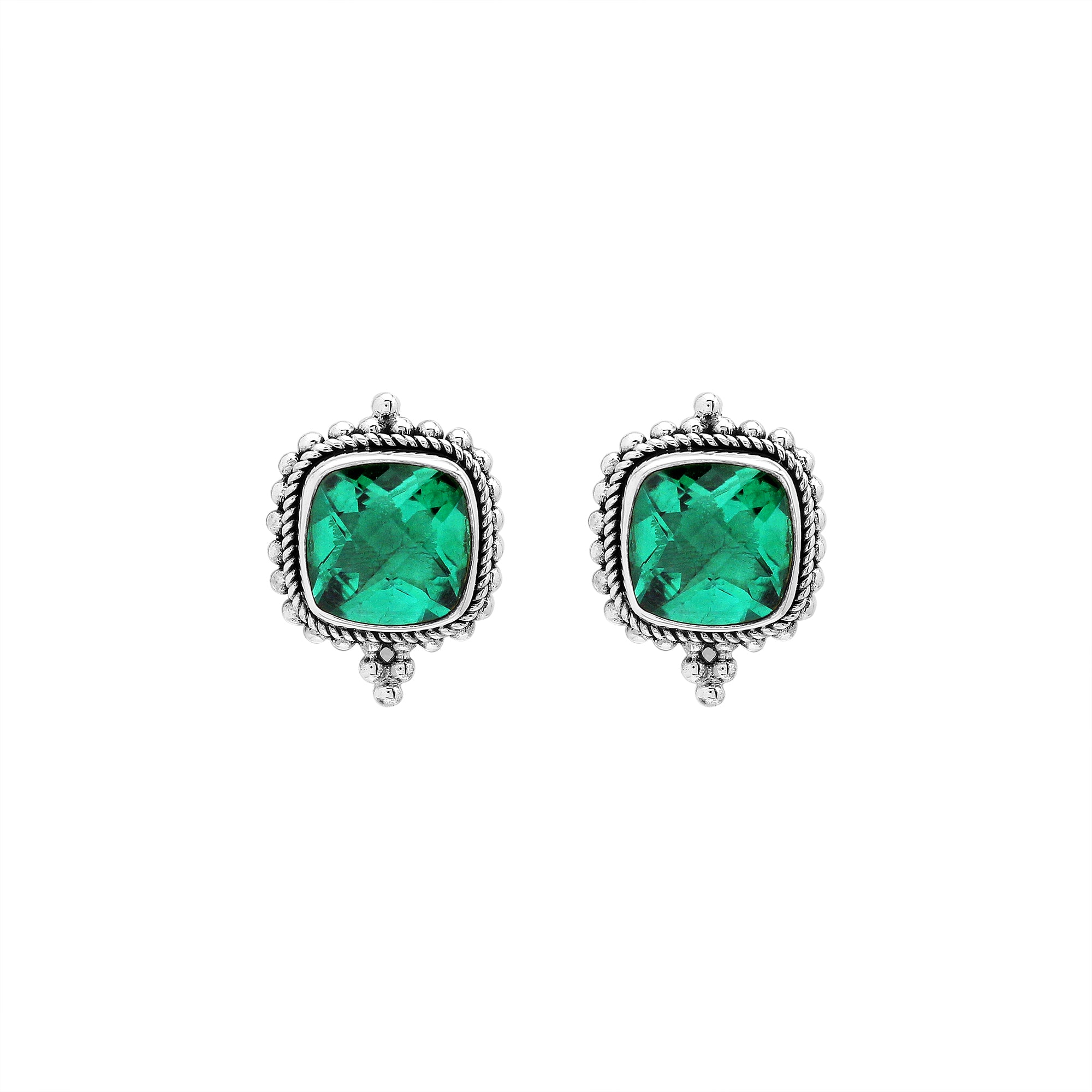 Sterling silver cushion stud earrings with faceted green quartz, handcrafted Bali wholesale jewelry