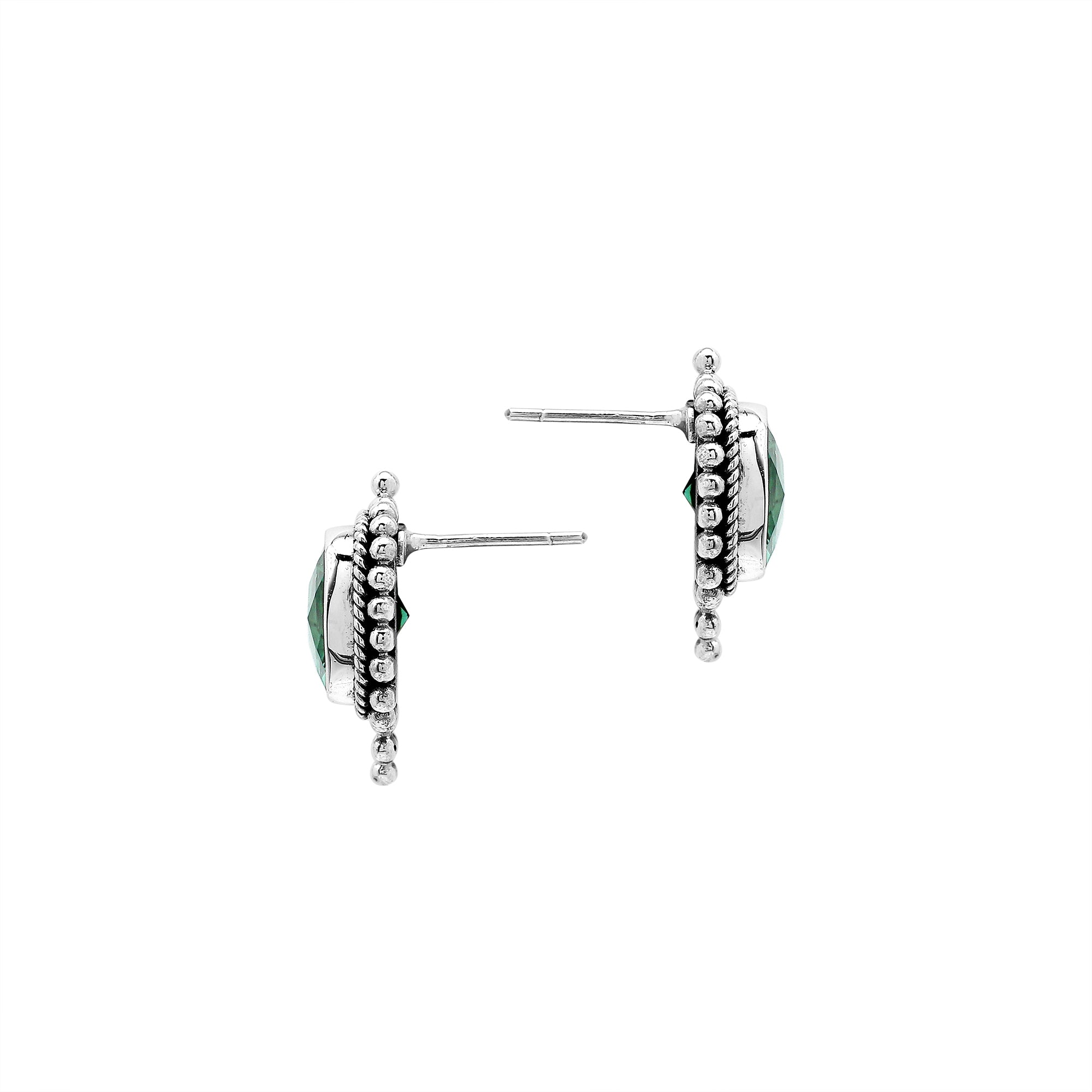Sterling silver cushion stud earrings with faceted green quartz, handcrafted Bali wholesale jewelry