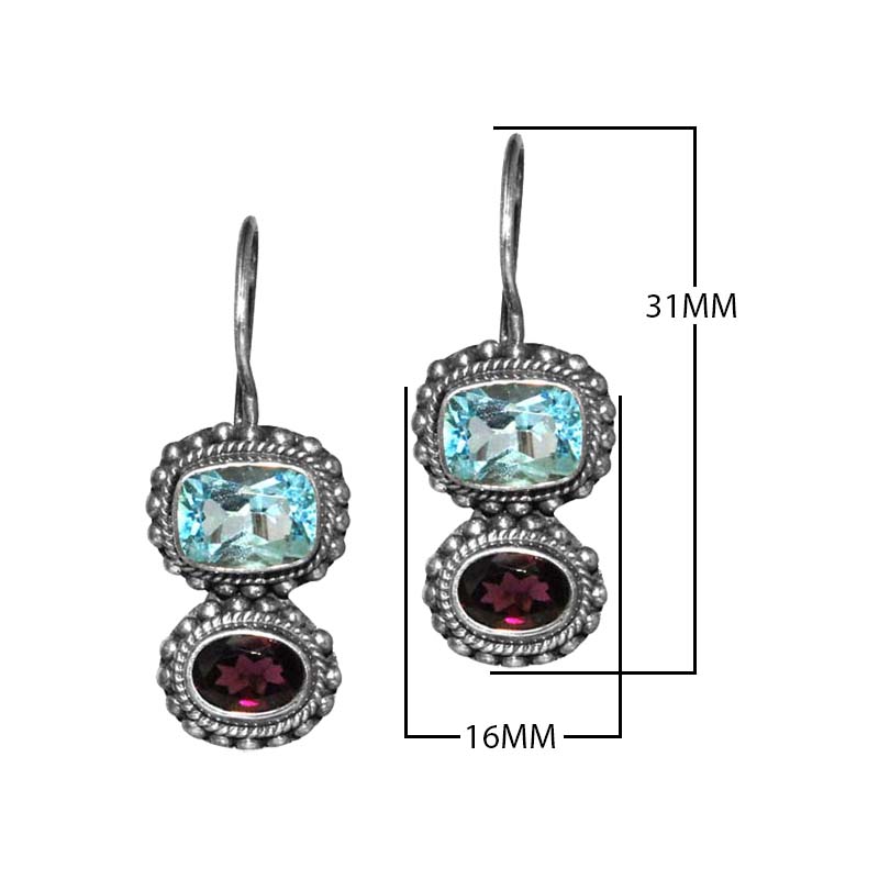 Sterling Silver Blue Topaz Quartz Garnet Quartz Dual-Drop Ornate Earrings