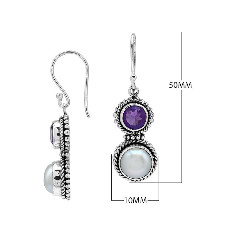Sterling Silver Amethyst Quartz White Pearl Dual-Stone Rope Accent Earrings