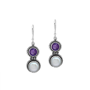 Sterling Silver Amethyst Quartz White Pearl Dual-Stone Rope Accent Earrings