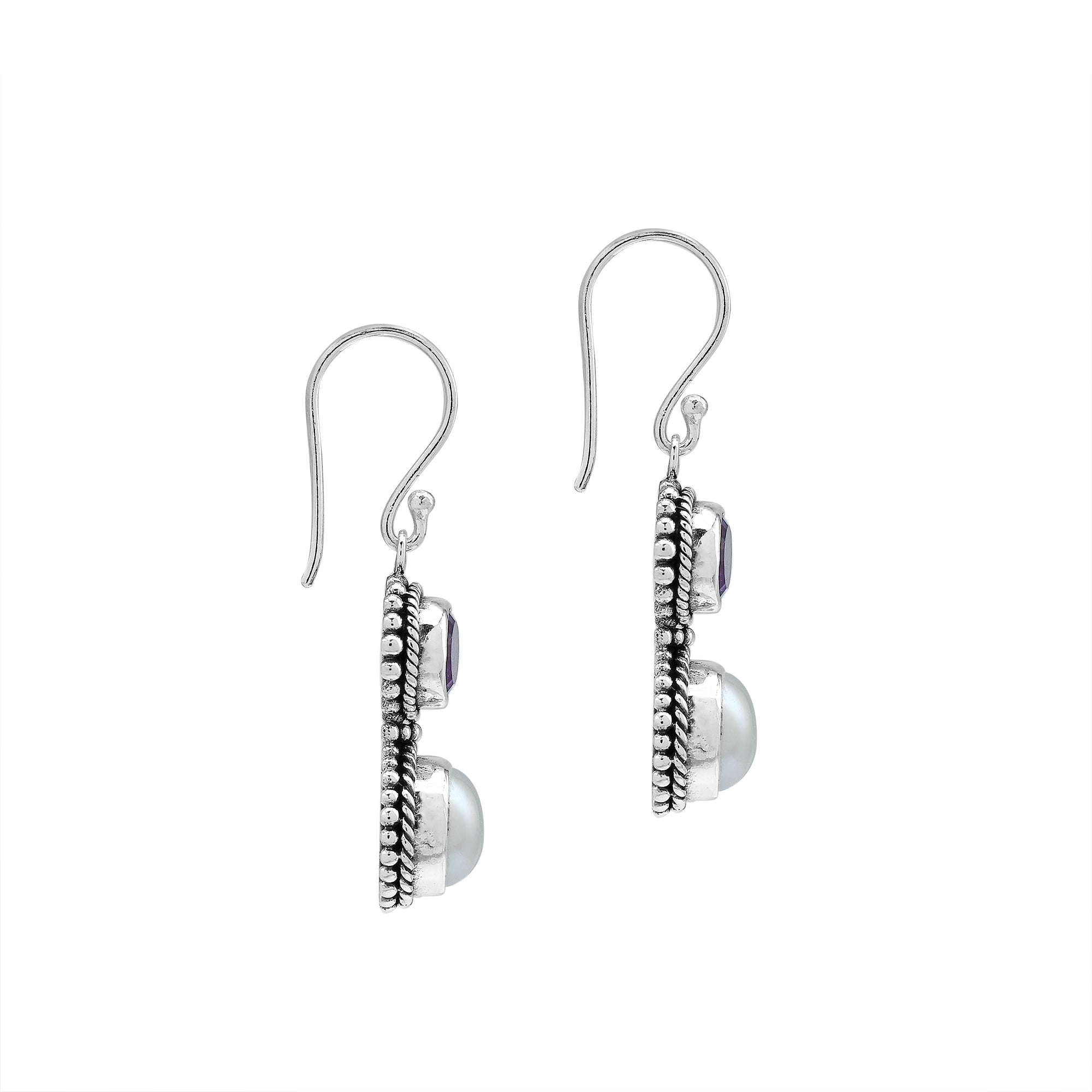 Sterling Silver Amethyst Quartz White Pearl Dual-Stone Rope Accent Earrings