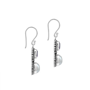 Sterling Silver Amethyst Quartz White Pearl Dual-Stone Rope Accent Earrings