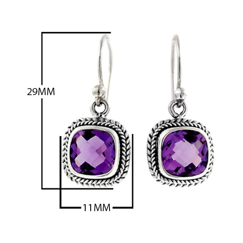 Sterling silver cushion cut amethyst quartz dangle earrings with rope frame handcrafted in Bali.