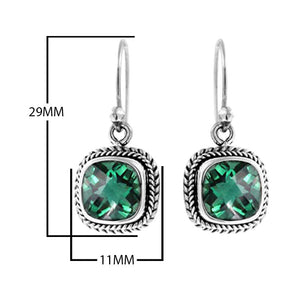 Wholesale sterling silver cushion drop earrings with green quartz stones and rope-pattern border handcrafted in Bali.