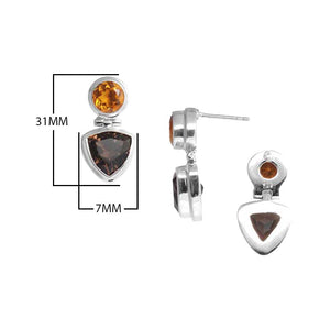 Sterling Silver Citrine Quartz Smoky Topaz Quartz Two-Stone Geometric Drop Earrings