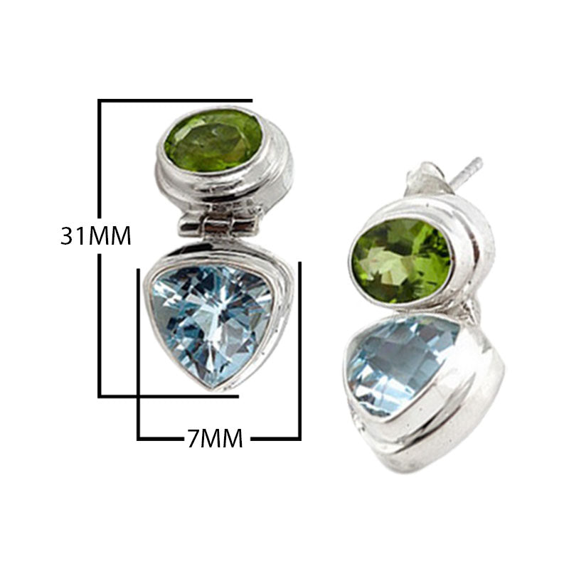 Sterling Silver Peridot Quartz Blue Topaz Quartz Two-Stone Geometric Earrings