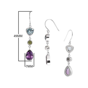 Sterling Silver Blue Topaz Quartz Peridot Quartz Amethyst Quartz Three-Stone Linear Earrings